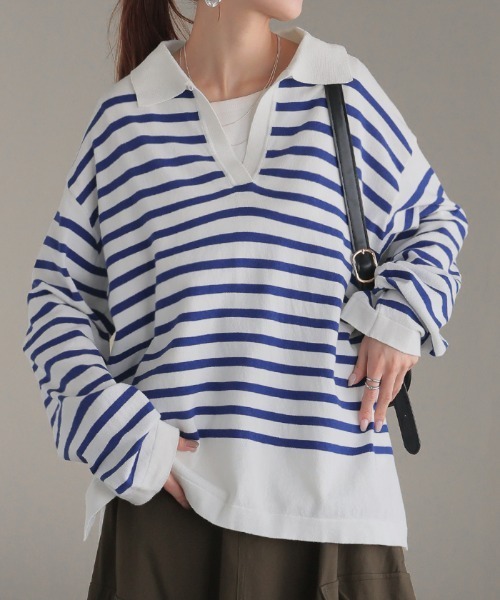 HUG.U（ハグユー）の「襟付きボーダーロンT（Tシャツ/カットソー・レディース・ブラック/ブルー/レッド/ホワイト・FREE）」の12枚目の写真