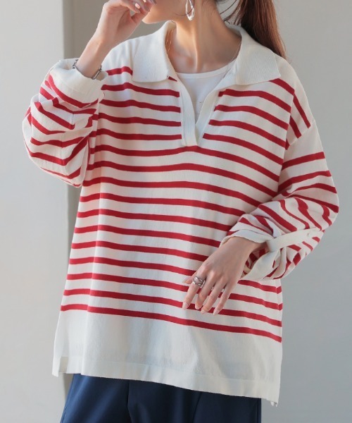 HUG.U（ハグユー）の「襟付きボーダーロンT（Tシャツ/カットソー・レディース・ブラック/ブルー/レッド/ホワイト・FREE）」の5枚目の写真