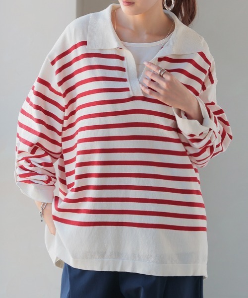 HUG.U（ハグユー）の「襟付きボーダーロンT（Tシャツ/カットソー・レディース・ブラック/ブルー/レッド/ホワイト・FREE）」の7枚目の写真