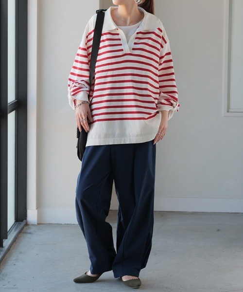 HUG.U（ハグユー）の「襟付きボーダーロンT（Tシャツ/カットソー・レディース・ブラック/ブルー/レッド/ホワイト・FREE）」の6枚目の写真