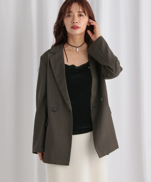 mysty woman(ミスティウーマン)の「【セットアップ着用可】ライトダブルテーラードジャケット 320214(テーラードジャケット・レディース・グレー/チャコールグレー/グリーン/グレイッシュベージュ/ブラウン/ダークグレー・FREE)」の4枚目の写真