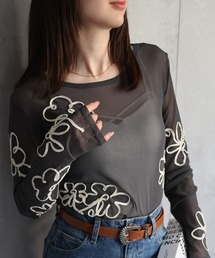 フラワー柄 コード刺繍 シアートップス/プルオーバー/カットソー