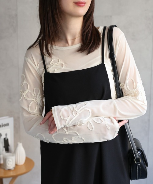 ♥新品♥【ヤマショウ】カットソー セール】フラワー柄 コード刺繍 シアートップス/プルオーバー