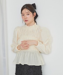 パフスリーブシャーリングペプラムブラウス 秋服 フリル