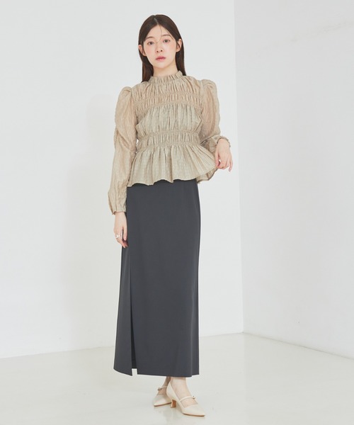 セール】パフスリーブシャーリングペプラムブラウス 春服 フリル