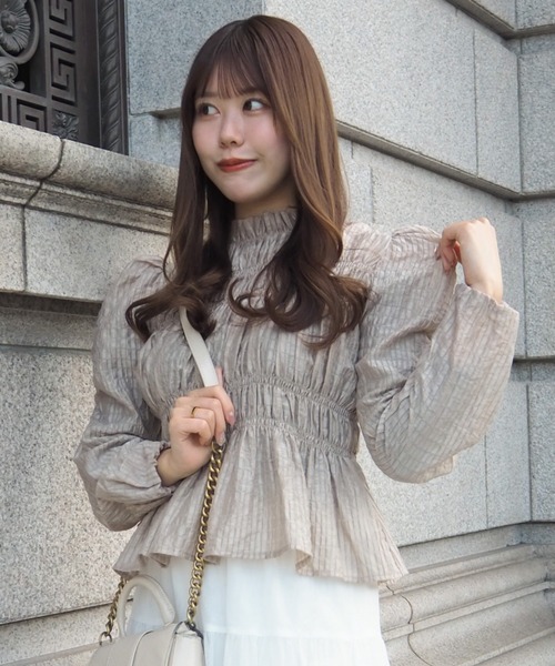 ブラウス シャツ パフスリーブシャーリングペプラムブラウス　春服　フリル レディース セール】パフスリーブシャーリングペプラムブラウス 春服 フリル