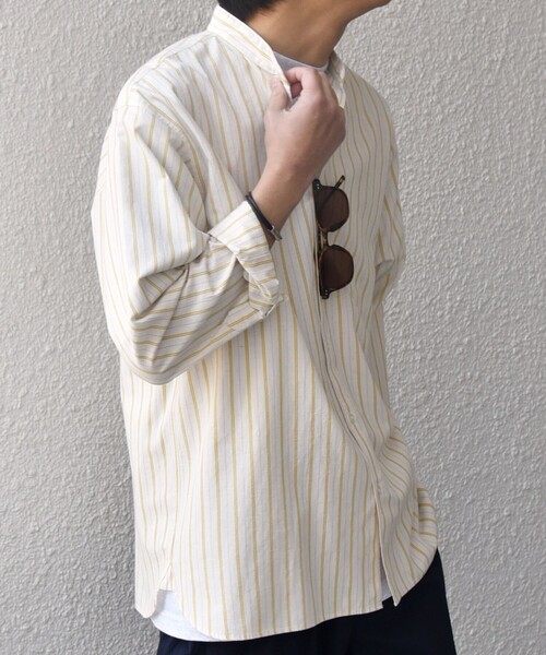 SHIPS any（シップス エニィ）の「SHIPS any:〈洗濯機可能〉コットン/リネン ストライプ バンドカラー シャツ◇（シャツ/ブラウス・メンズ・イエロー/グレー/ネイビー/ブルー/ライトブルー・MEDIUM/SMALL/X-LARGE/LARGE）」の18枚目の写真