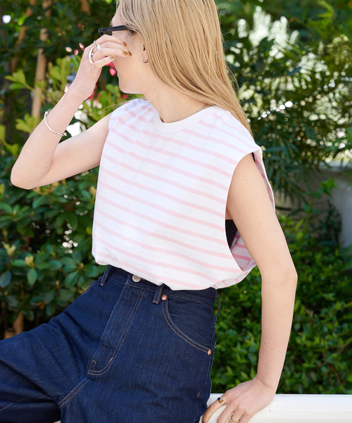 OUTDOOR PRODUCTS(アウトドアプロダクツ)の「VINTAGE LIKE ボーダーノースリTEE(Tシャツ/カットソー・レディース・ピンク/グリーン/ブルー系その他/ブラック・FREE)」の4枚目の写真