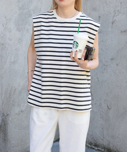 OUTDOOR PRODUCTS(アウトドアプロダクツ)の「VINTAGE LIKE ボーダーノースリTEE(Tシャツ/カットソー・レディース・ピンク/グリーン/ブルー系その他/ブラック・FREE)」の8枚目の写真