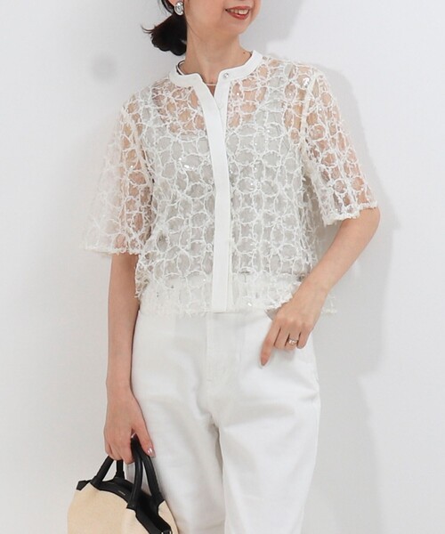 me couture スパンコールチュールブラウス ピンク mline