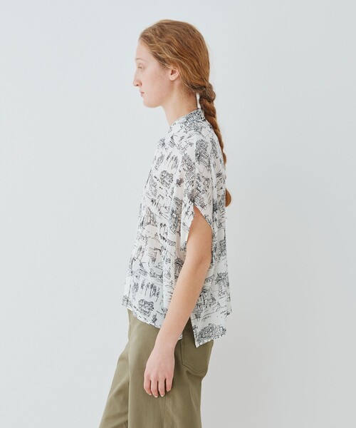 LandScapeシルクストレッチ スタンドネックボックスシャツ