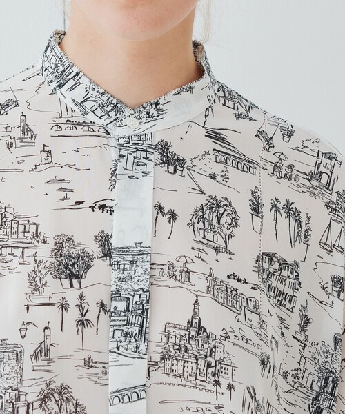 ブラウス シャツ LandScapeシルクストレッチ スタンドネックボックスシャツ レディース LandScapeシルクストレッチ スタンドネックボックスシャツ
