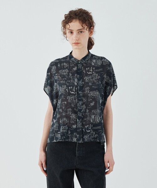 LandScapeシルクストレッチ スタンドネックボックスシャツ