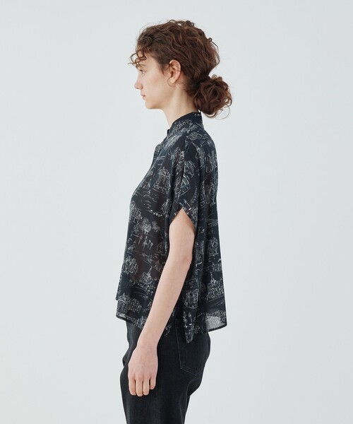 ブラウス シャツ LandScapeシルクストレッチ スタンドネックボックスシャツ レディース LandScapeシルクストレッチ スタンドネックボックスシャツ