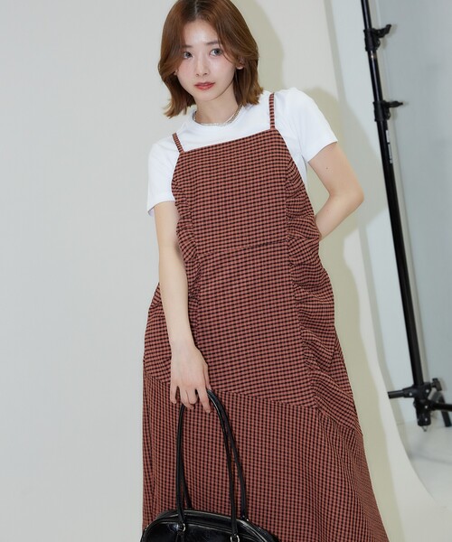 PUBLUX（パブリュクス）の「PUBLUX/パブリュクス ギンガムチェック 切替ギャザー キャミワンピース　限定展開（ワンピース・レディース・オレンジ/イエロー・ﾌﾘ-）」の6枚目の写真
