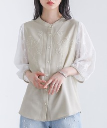 シアースリーブ刺繍ブラウス