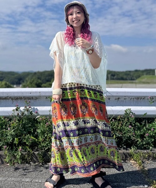 チャイハネ(チャイハネ)の「【チャイハネ】エスニックプリント ナリアロングスカート(スカート・レディース・カーキ/ベージュ/ピンク/ブルー/ライトベージュ/オレンジ・FREE)」の20枚目の写真