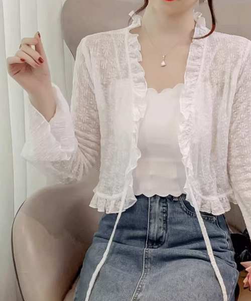 VIVID LADY(ビビッドレディー)の「花柄 シアー フリルカーディガン(カーディガン/ボレロ・レディース・ミント/ホワイト/ブラック/クリーム・FREE)」の7枚目の写真