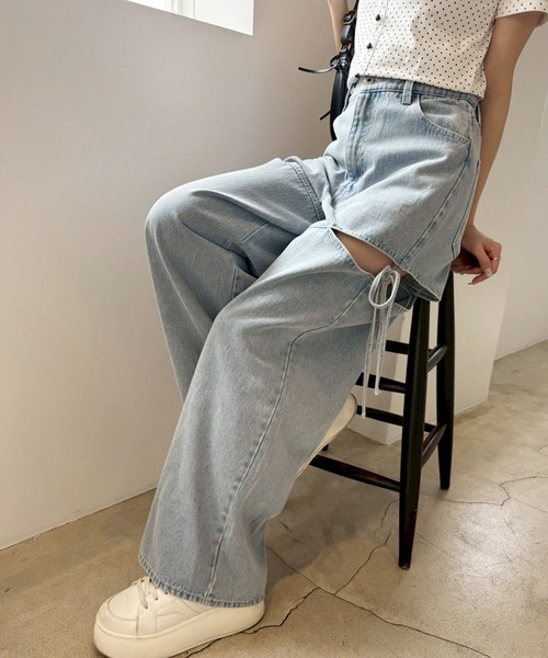 ナイスクラップ　カットアウトリボンワイドデニムパンツ　Mサイズ セール】SSサイズ追加【ウエストサイズ調整可能】カットアウト