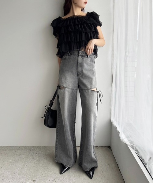 one after another NICE CLAUP（ワンアフターアナザーナイスクラップ）の「SSサイズ追加【ウエストサイズ調整可能】カットアウトリボンワイドデニムパンツ／SMサイズ（デニムパンツ・レディース・ライトブルー/ブルー系その他/ブラック・SMALL/MEDIUM/X-SMALL）」の18枚目の写真