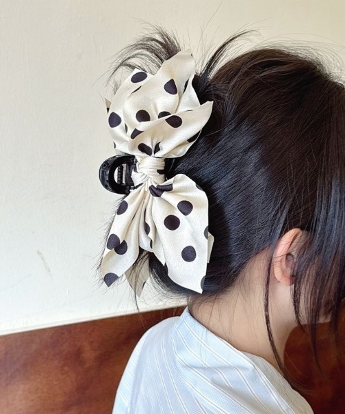 セール】ドット柄リボンクリップヘアアクセサリー（バレッタ