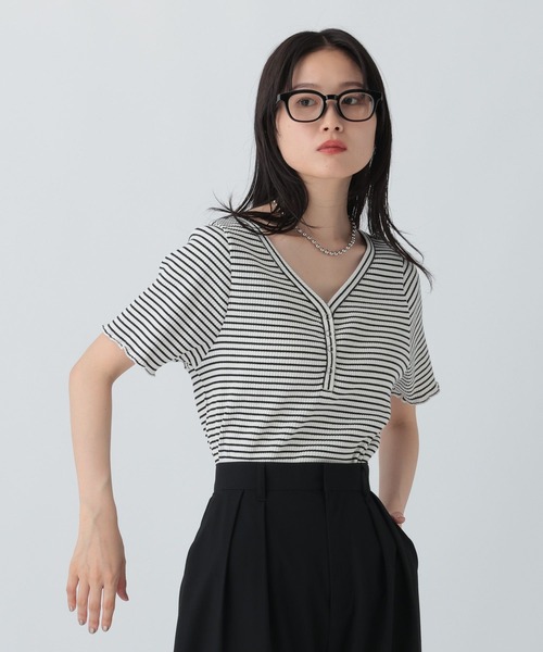 LEPSIM(レプシィム)の「テレコヘンリーネック5分袖 579278(Tシャツ/カットソー・レディース・ブラック/ブラウン/ブラック×ホワイト・FREE)」の12枚目の写真