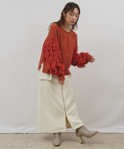 palm RICHE（ポームリシュ）の「前後2way袖フリンジニット（ニット/セーター・レディース・オレンジ/オフホワイト/ブラック・M）」の5枚目の写真