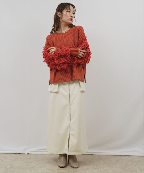 palm RICHE（ポームリシュ）の「前後2way袖フリンジニット（ニット/セーター・レディース・オレンジ/オフホワイト/ブラック・M）」の6枚目の写真