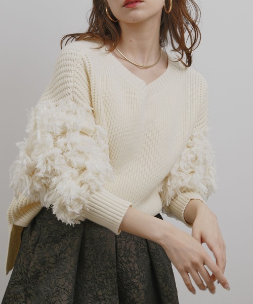 palm RICHE（ポームリシュ）の「前後2way袖フリンジニット（ニット/セーター・レディース・オレンジ/オフホワイト/ブラック・M）」の16枚目の写真