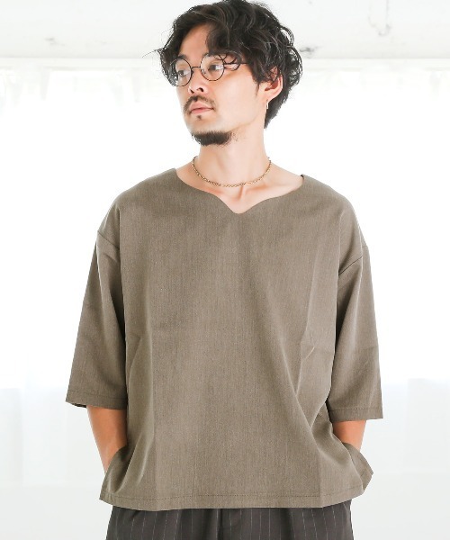 LUXSTYLE(ラグスタイル)の「キーネックリラックス半袖Tシャツ(Tシャツ/カットソー・メンズ・ホワイト/チャコールグレー/カーキ・L/M)」の10枚目の写真
