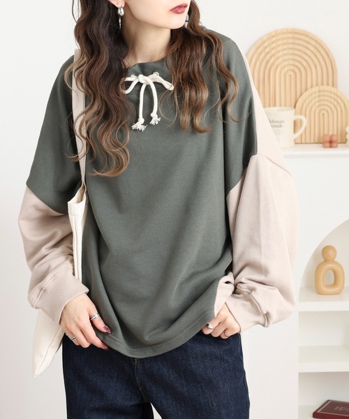 myke(ミーカ)の「myke TC裏毛配色ルーズハイネックプルオーバー(Tシャツ/カットソー・レディース・カーキ/杢グレー・M)」の2枚目の写真