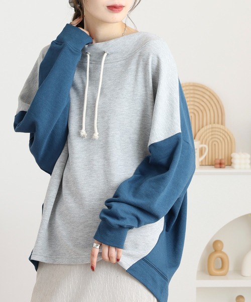 myke(ミーカ)の「myke TC裏毛配色ルーズハイネックプルオーバー(Tシャツ/カットソー・レディース・カーキ/杢グレー・M)」の3枚目の写真