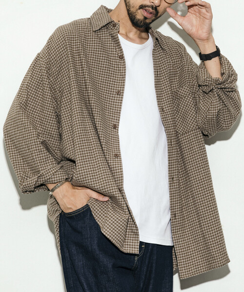 HINSON（ヒンソン）の「HINSON/ヒンソン レギュラーカラー ロングスリーブ フランネルシャツ（シャツ/ブラウス・メンズ・グレー/オフホワイト/ブラウン/グリーン/サックスブルー/ダークブラウン・SMALL/LARGE/MEDIUM）」の5枚目の写真