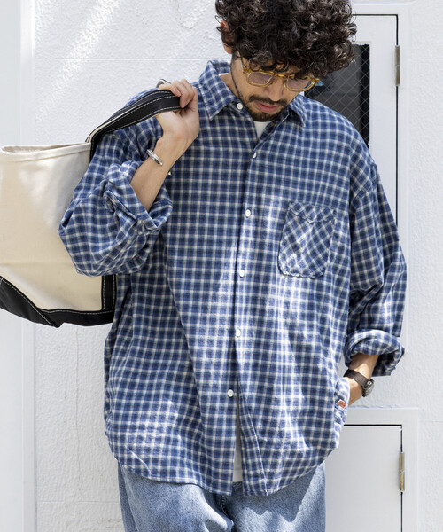 HINSON（ヒンソン）の「HINSON/ヒンソン レギュラーカラー ロングスリーブ フランネルシャツ（シャツ/ブラウス・メンズ・グレー/オフホワイト/ブラウン/グリーン/サックスブルー/ダークブラウン・SMALL/LARGE/MEDIUM）」の6枚目の写真