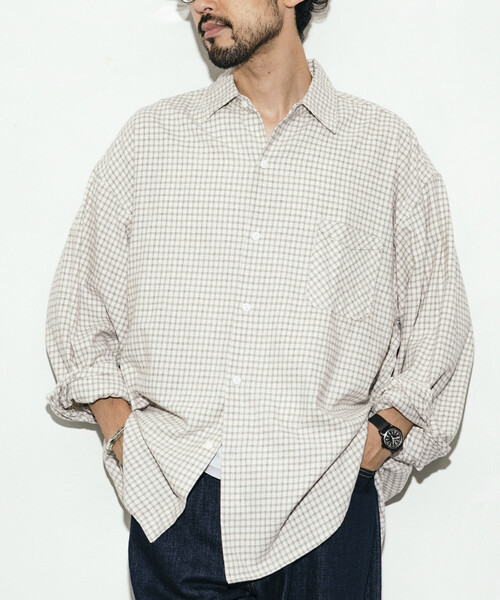 HINSON（ヒンソン）の「HINSON/ヒンソン レギュラーカラー ロングスリーブ フランネルシャツ（シャツ/ブラウス・メンズ・グレー/オフホワイト/ブラウン/グリーン/サックスブルー/ダークブラウン・SMALL/LARGE/MEDIUM）」の21枚目の写真