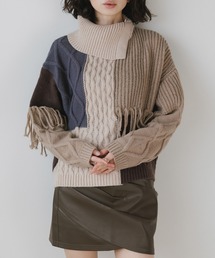 AO2 | Fringe Blocking Design Turtleneck Knit / フリンジ ブロッキングデザイン タートルネックニット(ニット/セーター)