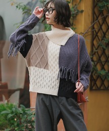 AO2（アオズ）の「Fringe Blocking Design Turtleneck Knit / フリンジ ブロッキングデザイン タートルネックニット（ニット/セーター）」
