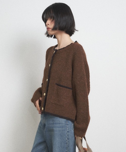 Shelly island（シェリーアイランド）の「配色メタルボタンブークレカーディガン（カーディガン/ボレロ・レディース・ブラック/グレー/ブラウン・FREE）」の4枚目の写真