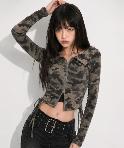 .KOM(ドットコム)の「『.KOM/ドットケーオーエム』カモ柄ショールジップアップブルゾン【GC】(ブルゾン・レディース・グレー/グリーン・FREE)」の9枚目の写真