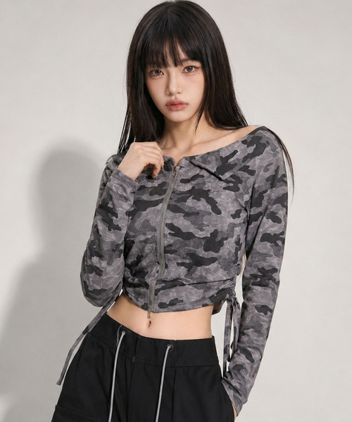 .KOM(ドットコム)の「『.KOM/ドットケーオーエム』カモ柄ショールジップアップブルゾン【GC】(ブルゾン・レディース・グレー/グリーン・FREE)」の7枚目の写真