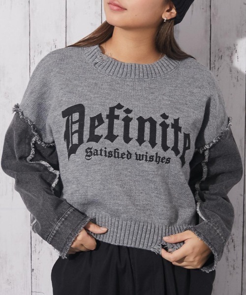 セール】《ダメージ×デニムスリーブ》レディース ロゴニット