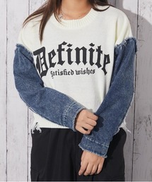 《ダメージ×デニムスリーブ》レディース ロゴニット クロップド丈 秋冬