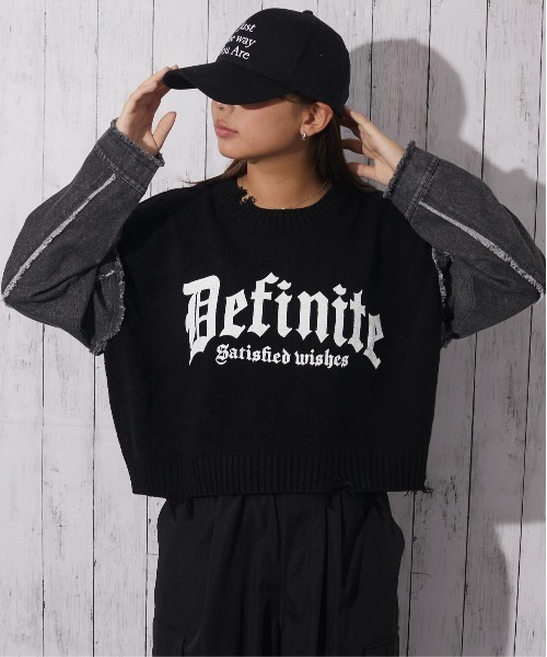 セール】《ダメージ×デニムスリーブ》レディース ロゴニット