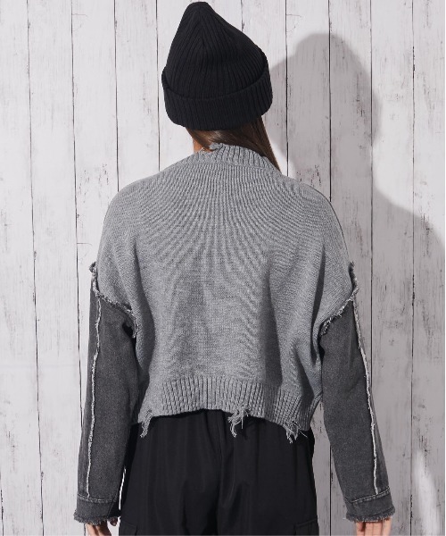 セール】《ダメージ×デニムスリーブ》レディース ロゴニット