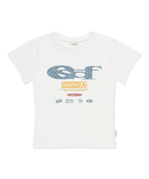ESCAPEFROM（エスケープフロム）の「スターデニムESCFロゴコラージュプリントスリムフィット半袖アイボリー（Tシャツ/カットソー）」