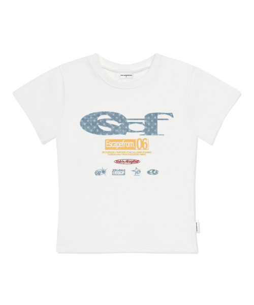 ESCAPEFROM（エスケープフロム）の「スターデニムESCFロゴコラージュプリントスリムフィット半袖アイボリー（Tシャツ/カットソー・レディース・その他・MEDIUM/LARGE）」の2枚目の写真