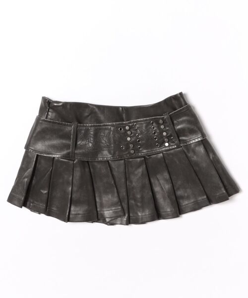 Never mind the XU（ネバーマインドザエックスユー）の「【Never mind the XU】coating pleats skirt / 【ネバーマインド ザ エックスユー】スタッズベルトパンク風プリーツミニスカート（スカート・レディース・ブラック・S/M）」の7枚目の写真