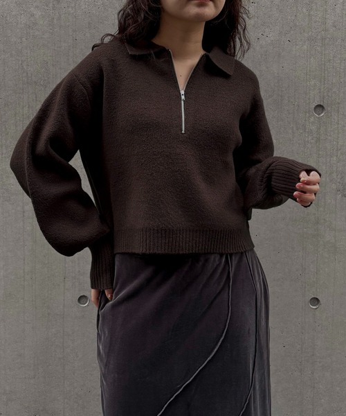 &g'aime（アンジェム）の「【&ｇ'aime 】ハーフジップポロニット　Half Zip Polo Knit（ニット/セーター・レディース・ブラック/グレイッシュベージュ/ブラウン・FREE）」の3枚目の写真