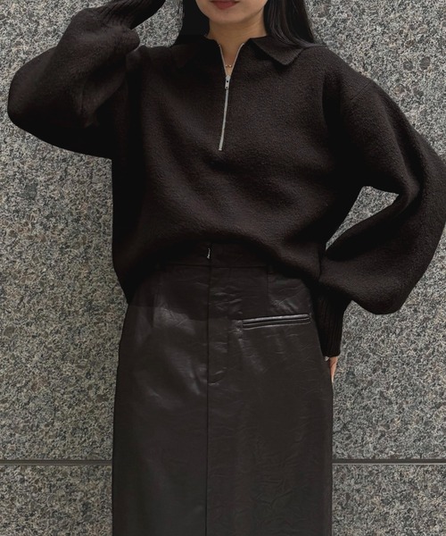 &g'aime（アンジェム）の「【&ｇ'aime 】ハーフジップポロニット　Half Zip Polo Knit（ニット/セーター・レディース・ブラック/グレイッシュベージュ/ブラウン・FREE）」の2枚目の写真