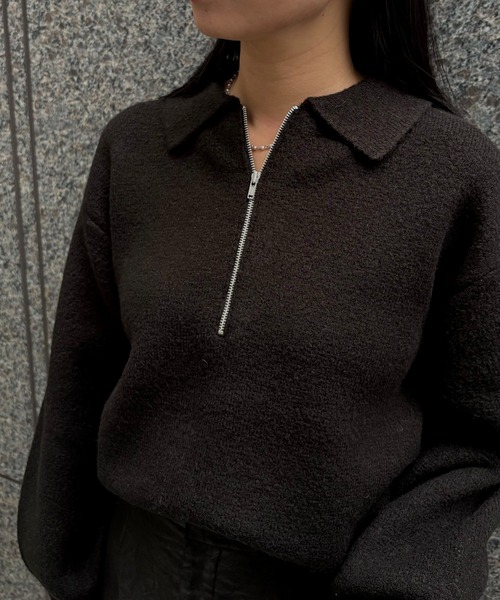&g'aime（アンジェム）の「【&ｇ'aime 】ハーフジップポロニット　Half Zip Polo Knit（ニット/セーター・レディース・ブラック/グレイッシュベージュ/ブラウン・FREE）」の5枚目の写真
